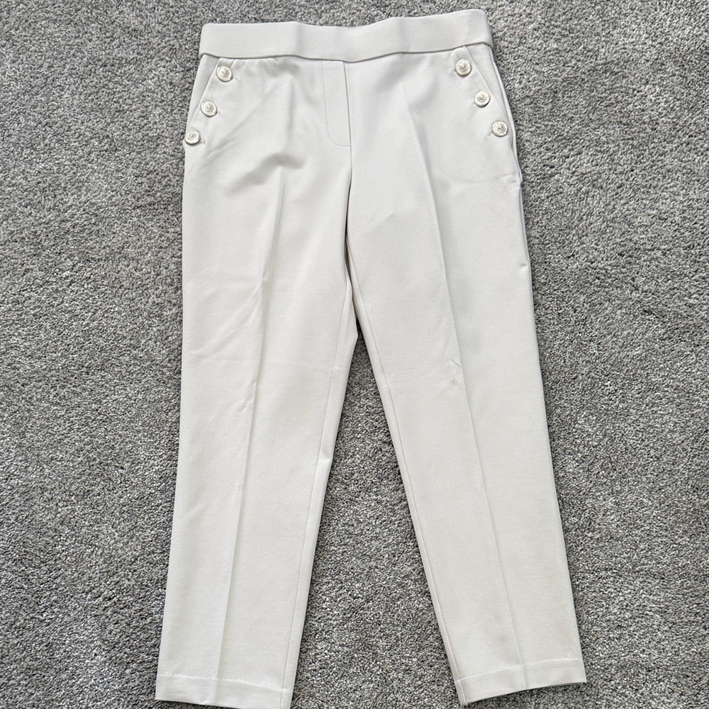 Light Beige Cropped Dress Pants with Decorative Buttons